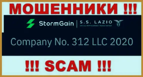 Регистрационный номер StormGain, взятый с их официального web-портала - 312 LLC 2020