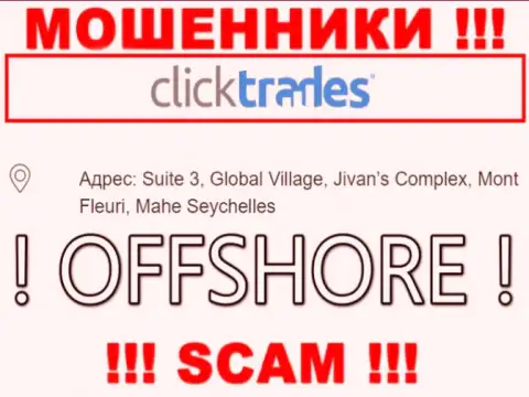 В компании Click Trades безнаказанно присваивают депозиты, т.к. сидят они в офшорной зоне: Suite 3, Global Village, Jivan’s Complex, Mont Fleuri, Mahe Seychelles