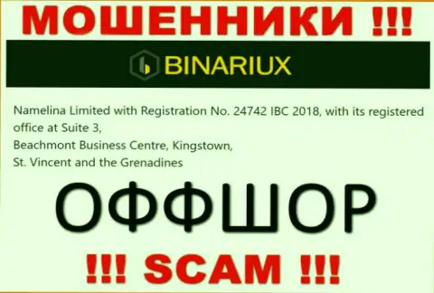 Мошенники Binariux отсиживаются в офшоре: Сьют 3, Бичмонт Бизнес Центр, Кингстаун, Сент-Винсент и Гренадины, именно поэтому они безнаказанно имеют возможность сливать