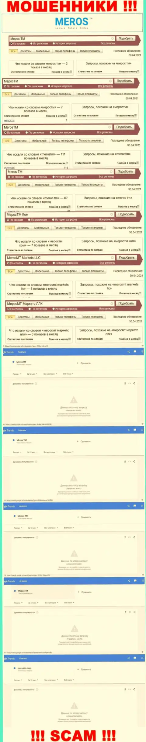 Подробная информация по числу online запросов по мошенникам MerosTM в интернете