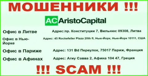 В глобальной интернет сети и на веб-сайте мошенников АристоКапитал Ком нет честной информации об их официальном адресе регистрации