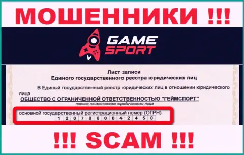 Регистрационный номер организации, управляющей Game Sport - 1207800042450