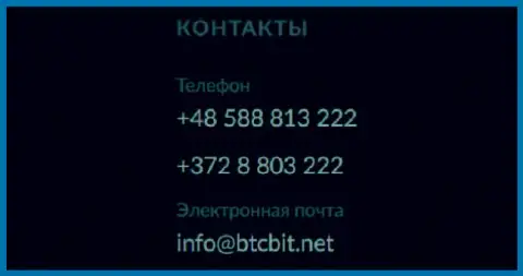Номера телефонов и электронный адрес online обменника BTCBit Sp. z.o.o.