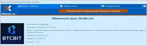 Сжатая информационная справка об online обменнике BTCBit на веб-сайте xrates ru